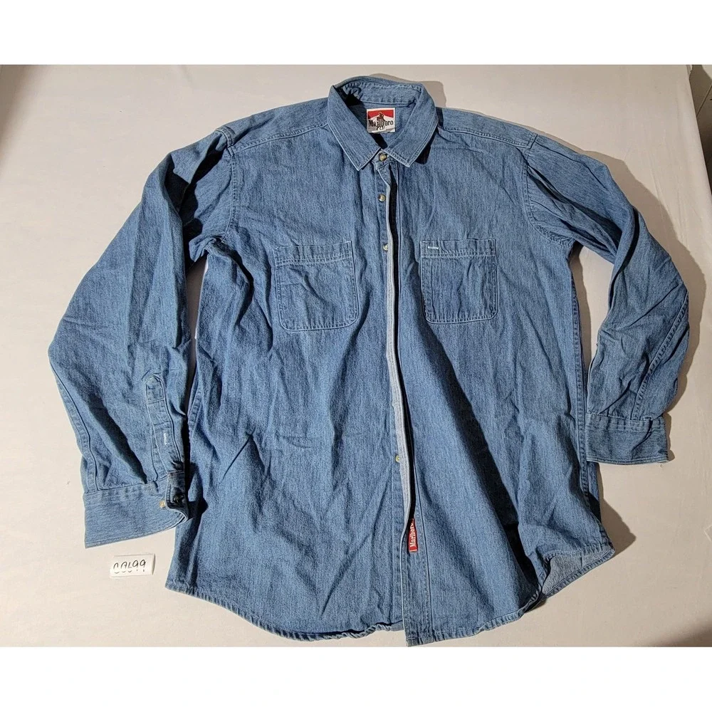 Vintage Marlboro Adventure Team Blue Denim Button Down Shirt Mens XL Made in USA